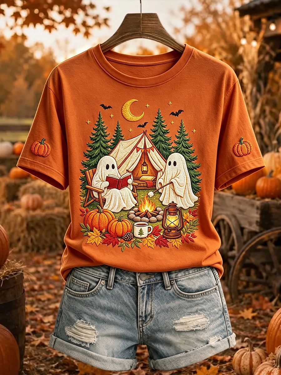 Women's Halloween Ghost Camping Print Round Neck Short-sleeved T-shirt