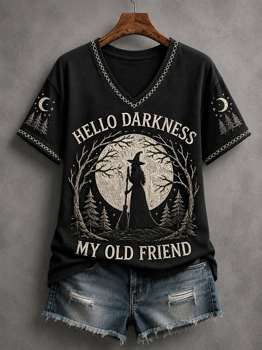 Women's Funny Halloween Hello Darkness My Old Friend Witch Print Casual V-Neck Tee