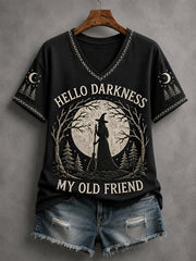 Women's Funny Halloween Hello Darkness My Old Friend Witch Print Casual V-Neck Tee