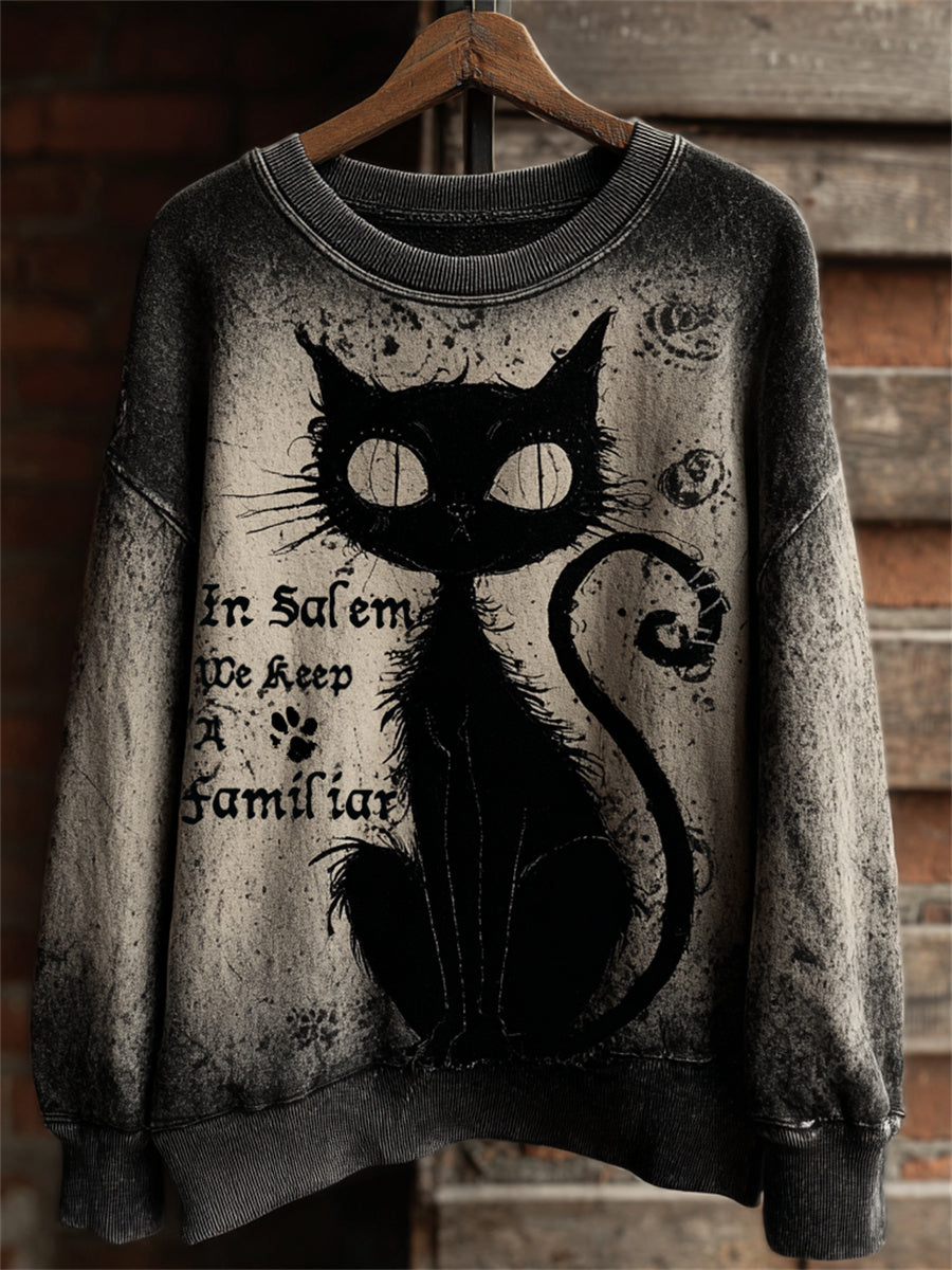 Women's In Salem We Keep A Familiar Black Cat Print Halloween Sweatshirt