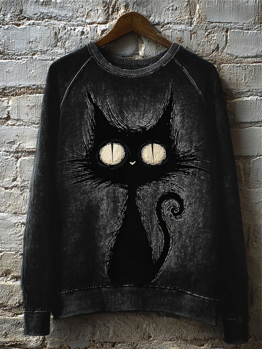 Women's Salem Witch's Familiar Black Cat Print Halloween Raglan Sweatshirt