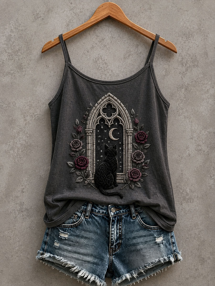 Women's Gothic Cat And Floral Print Tank Top