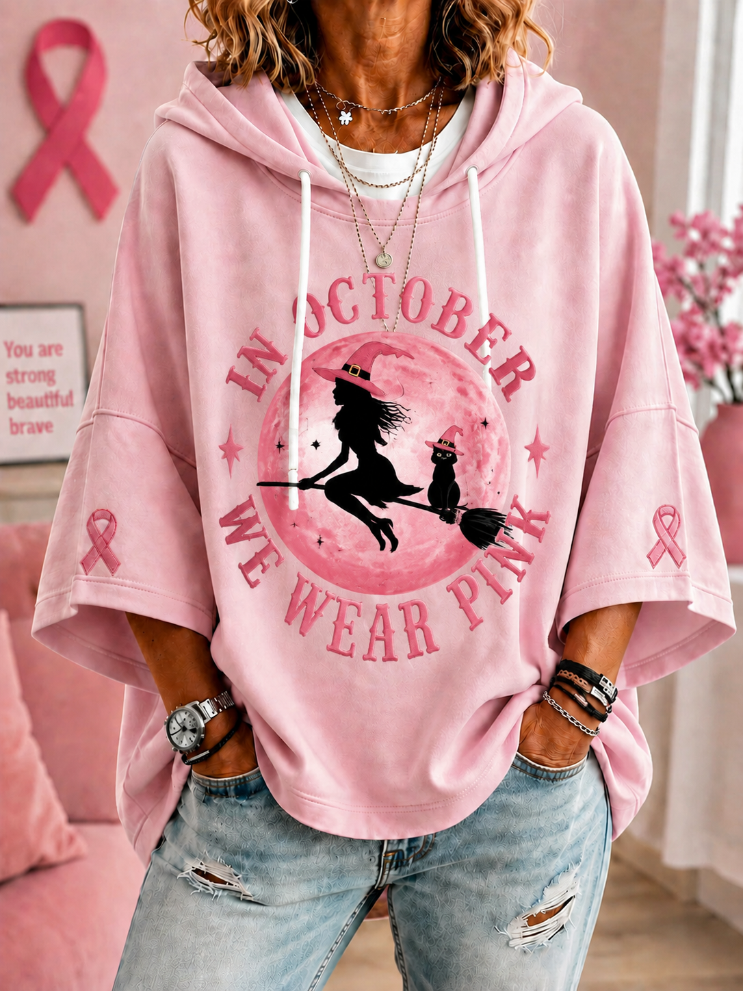 Women’s In October We Wear Pink Short-Sleeve Hoodie