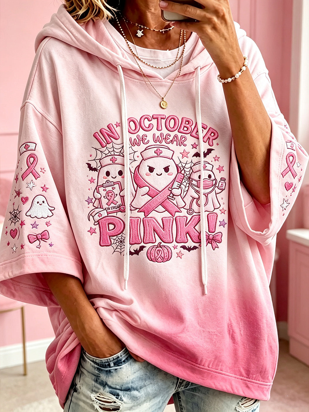 Women's Breast Cancer Theme Halloween Elements Pattern Printed Casual Hoodie