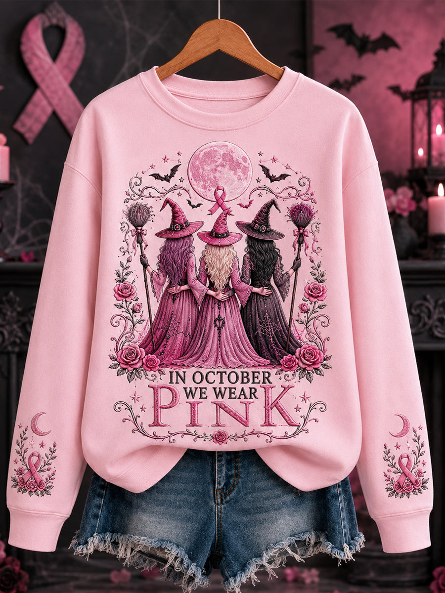 Women's In October We Wear Pink Halloween Pink Witches Print Breast Cancer Awareness Support Sweatshirt