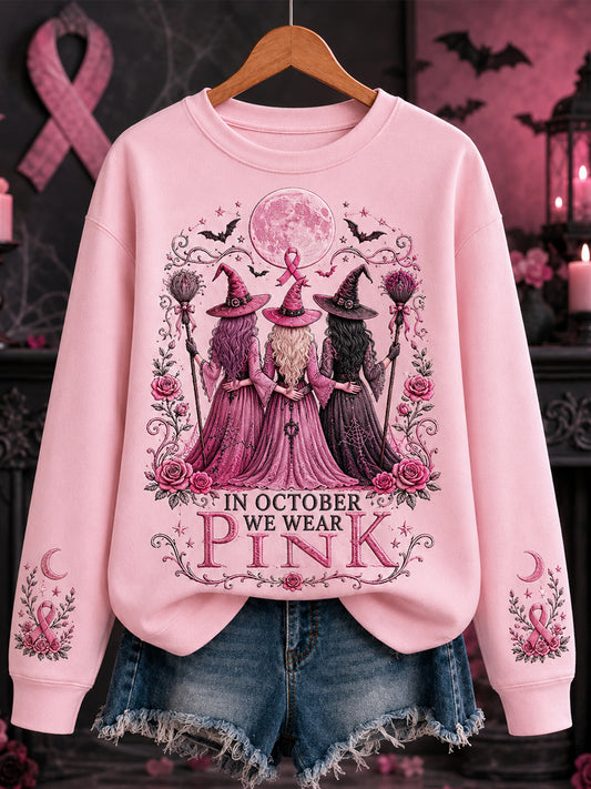 Women's In October We Wear Pink Halloween Pink Witches Print Breast Cancer Awareness Support Sweatshirt