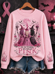 Women's In October We Wear Pink Halloween Pink Witches Print Breast Cancer Awareness Support Sweatshirt