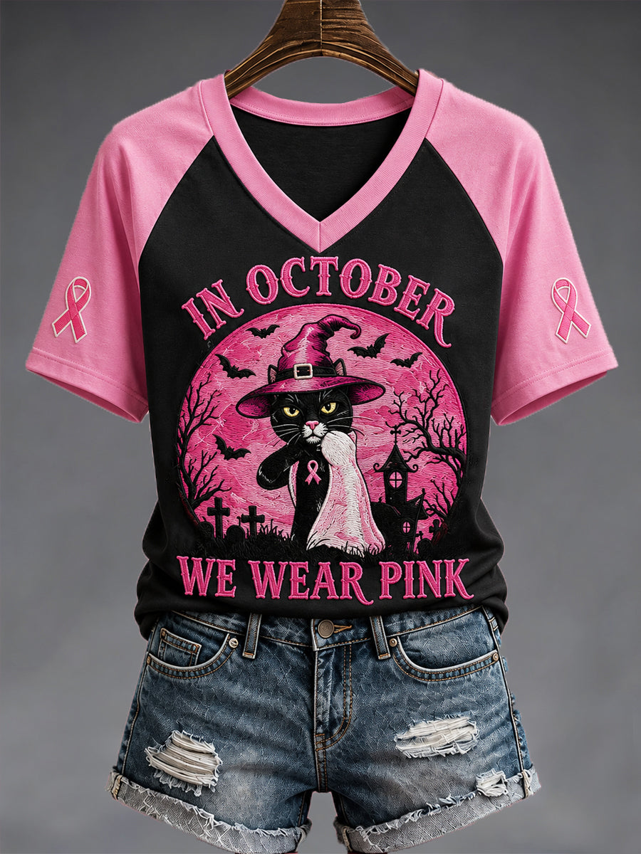 Women's In October We Wear Pink Halloween Black Cat Print Breast Cancer Awareness Support V-Neck Tee