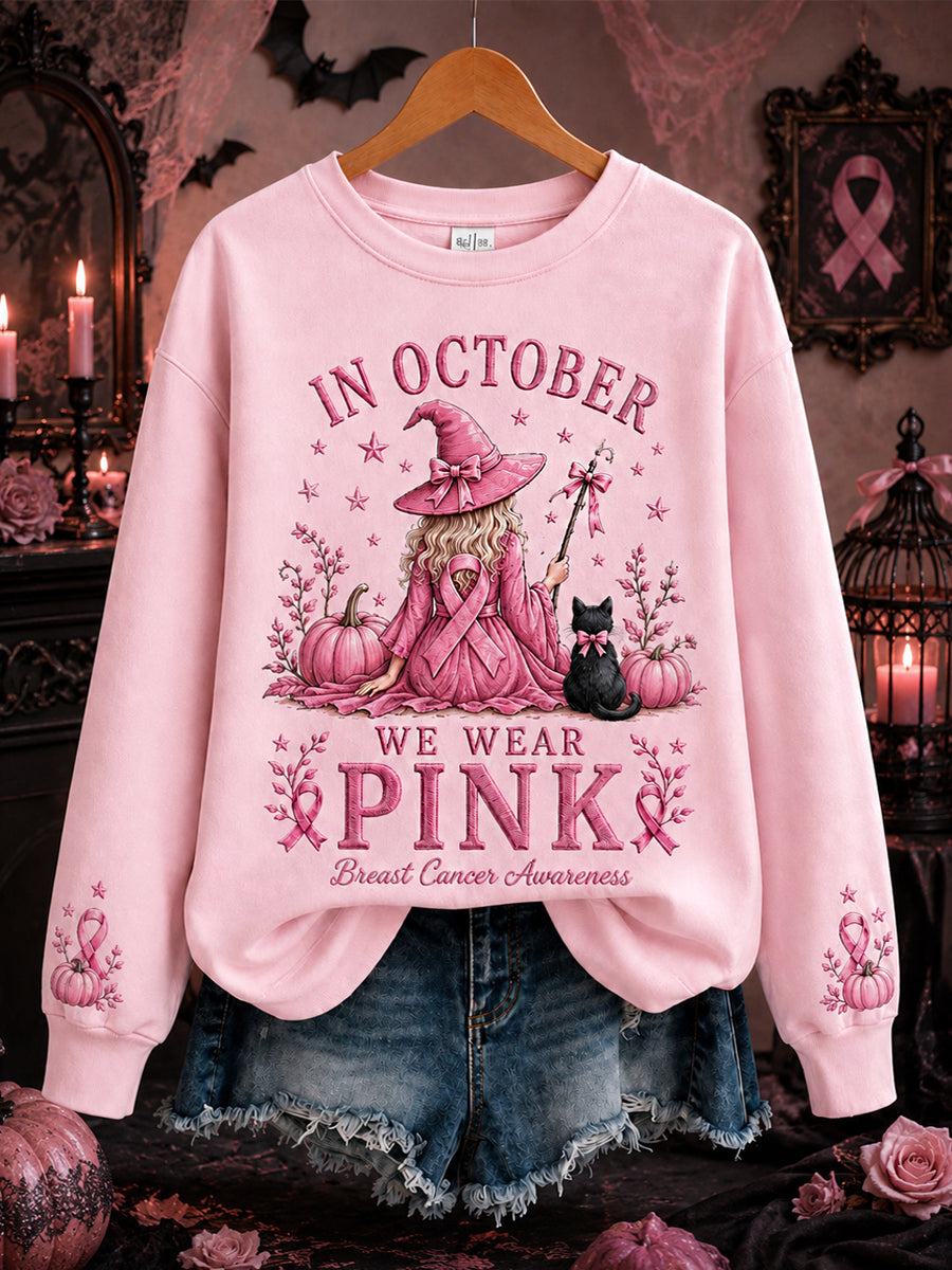 Women's In October We Wear Pink Halloween Pink Witch Print Breast Cancer Awareness Support Sweatshirt