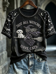 Women's Halloween Not All Witches Have Cats Witch & Maltese Dog Print short sleeve T-shirt