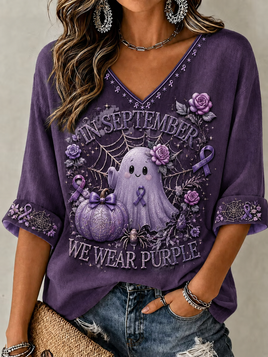 Women's In September We Wear Purple Mid-length Sleeves V-Neck T-Shirt