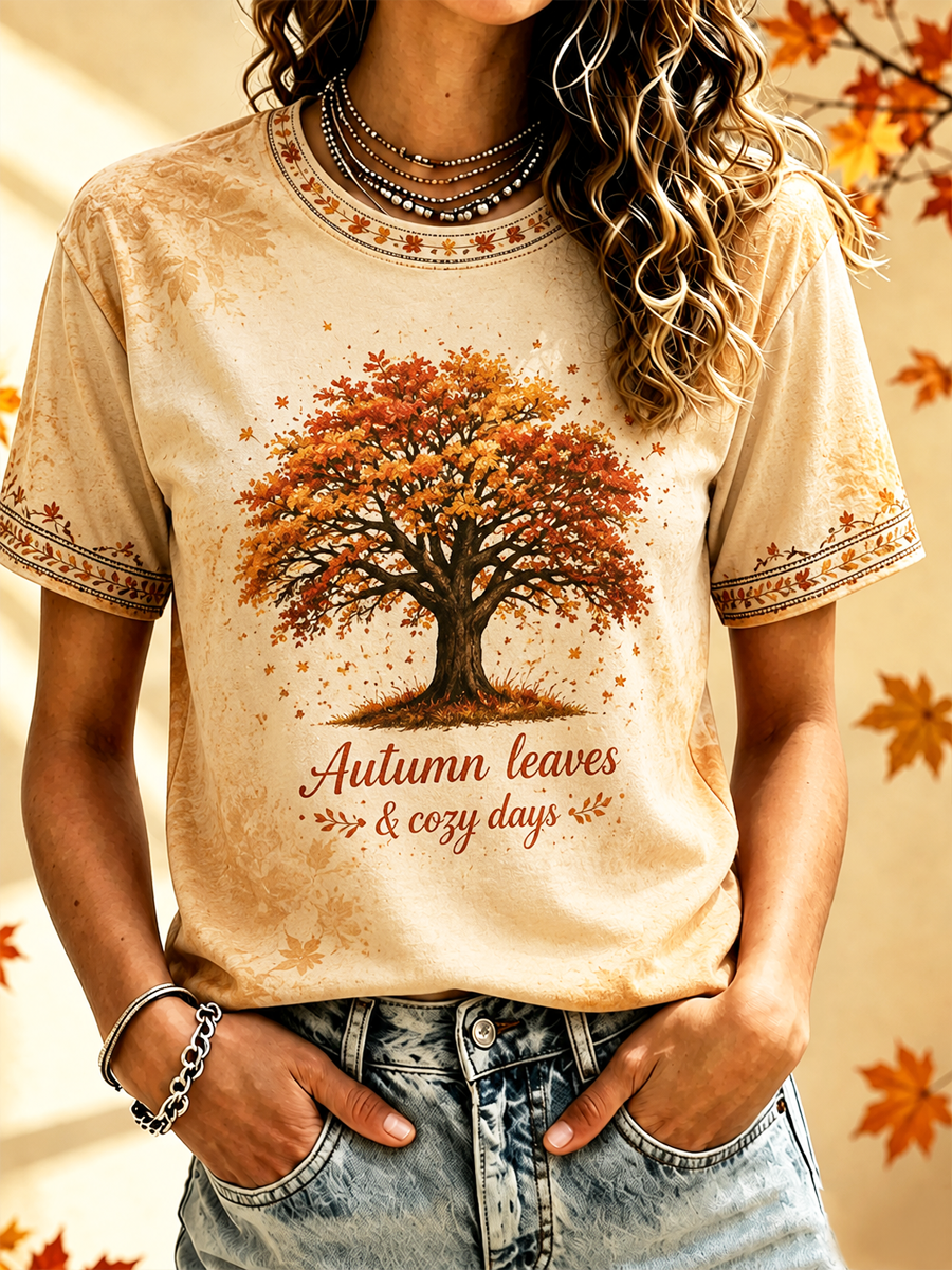 Women's Fall Trees Fall Leaves Printed short-sleeved T-shirt