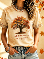 Women's Fall Trees Fall Leaves Printed short-sleeved T-shirt