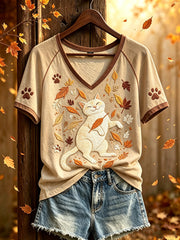 Women's Autumn Cat Pattern Printed Casual Short-Sleeved T-shirt