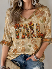 Women's Autumn pumpkin print Mid-length Sleeves V-Neck T-Shirt