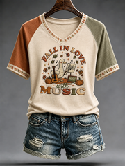 Women's Autumn Music Peinted V-neck off-shoulder short-sleeved T-shirt