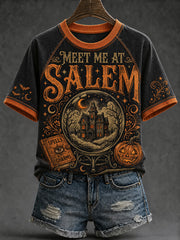 Women's retro Halloween pattern printed casual round neck short sleeve T-shirt