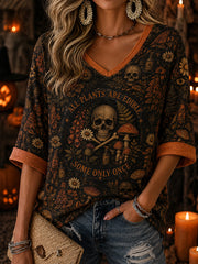 Women's Retro Halloween Pattern Printed Casual Mid-length Sleeves V-Neck T-Shirt