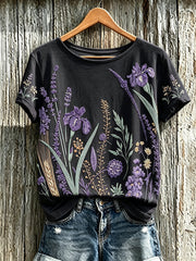 Women's purple plant flower pattern printed casual T-shirt
