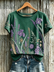 Women's purple plant flower pattern printed casual T-shirt