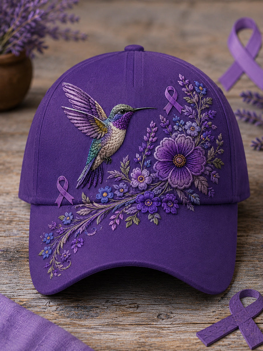 Unisex Purple Floral & Hummingbird Print Alzheimer's Awareness Support Hat