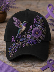 Unisex Purple Floral & Hummingbird Print Alzheimer's Awareness Support Hat
