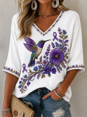 Women's Purple Floral & Hummingbird Print Alzheimer's Awareness Support V-Neck Tee