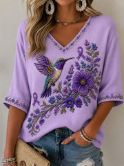 Women's Purple Floral & Hummingbird Print Alzheimer's Awareness Support V-Neck Tee