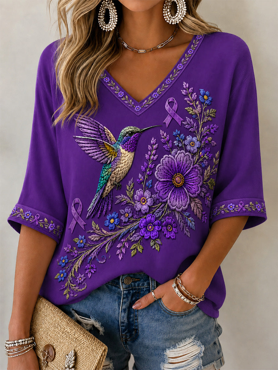 Women's Purple Floral & Hummingbird Print Alzheimer's Awareness Support V-Neck Tee