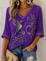 Women's Purple Floral & Hummingbird Print Alzheimer's Awareness Support V-Neck Tee
