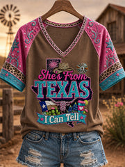 Women's She's From Texas I Can Tell Print Casual V-Neck Tee