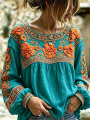 Women's Day of the Dead Mexican Marigolds Floral Print Cotton-Linen Shirt