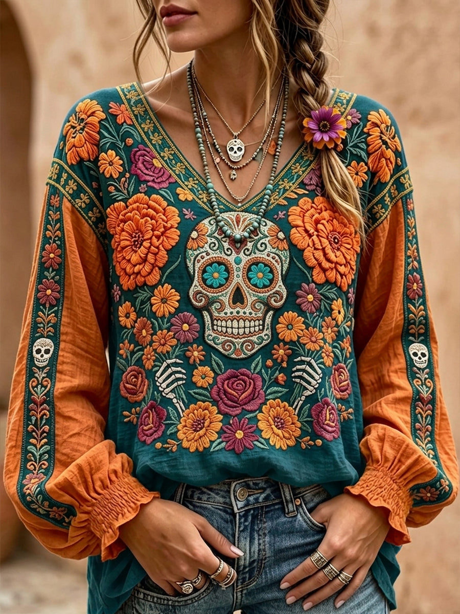 Women's Day of the Dead Sugar Skulls Marigold Print Cotton-Linen Shirt