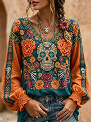 Women's Day of the Dead Sugar Skulls Marigold Print Cotton-Linen Shirt