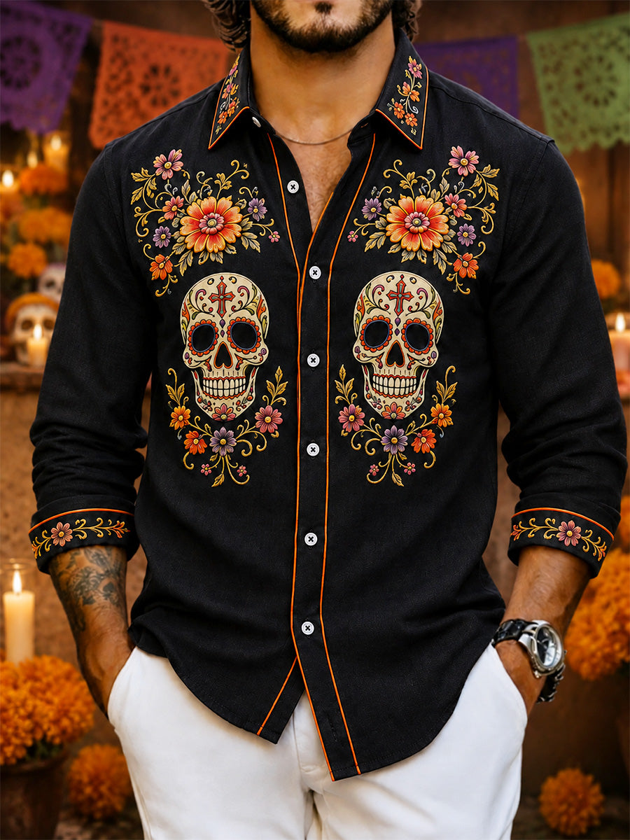 Men's Mexico Day of The Dead Art Print Casual Shirt