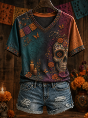Women's Mexico Day of The Dead Floral Art Printed short-sleeved T-shirt
