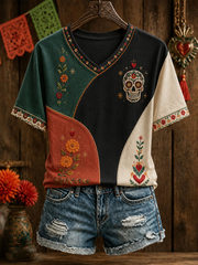 Women's Mexico Day of The Dead Floral Art Printed short-sleeved T-shirt
