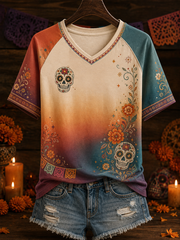 Women's Mexico Day of The Dead Floral Art Printed V-neck off-shoulder short-sleeved T-shirt
