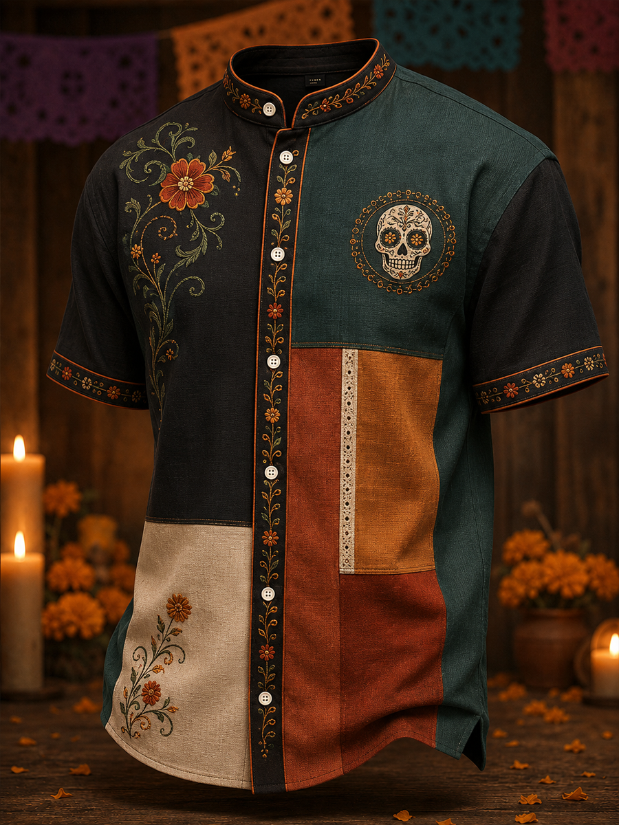 Men's Mexico Day of The Dead Floral Art Printed Cotton-linen collar short-sleeved shirt