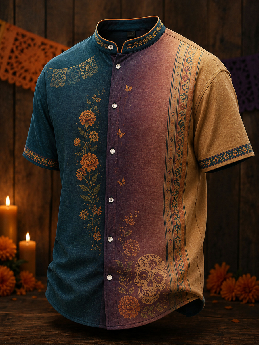 Men's Mexico Day of The Dead Floral Art Printed Cotton-linen collar short-sleeved shirt