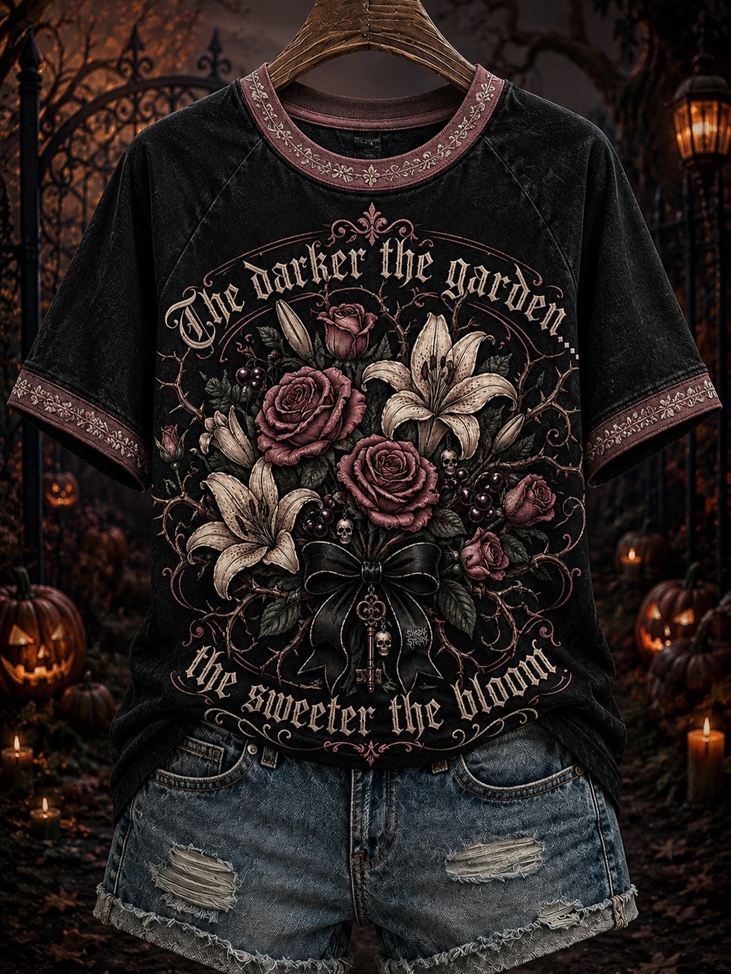 Women's Halloween Dark Flower Pattern Printed Casual Short Sleeve T-Shirt