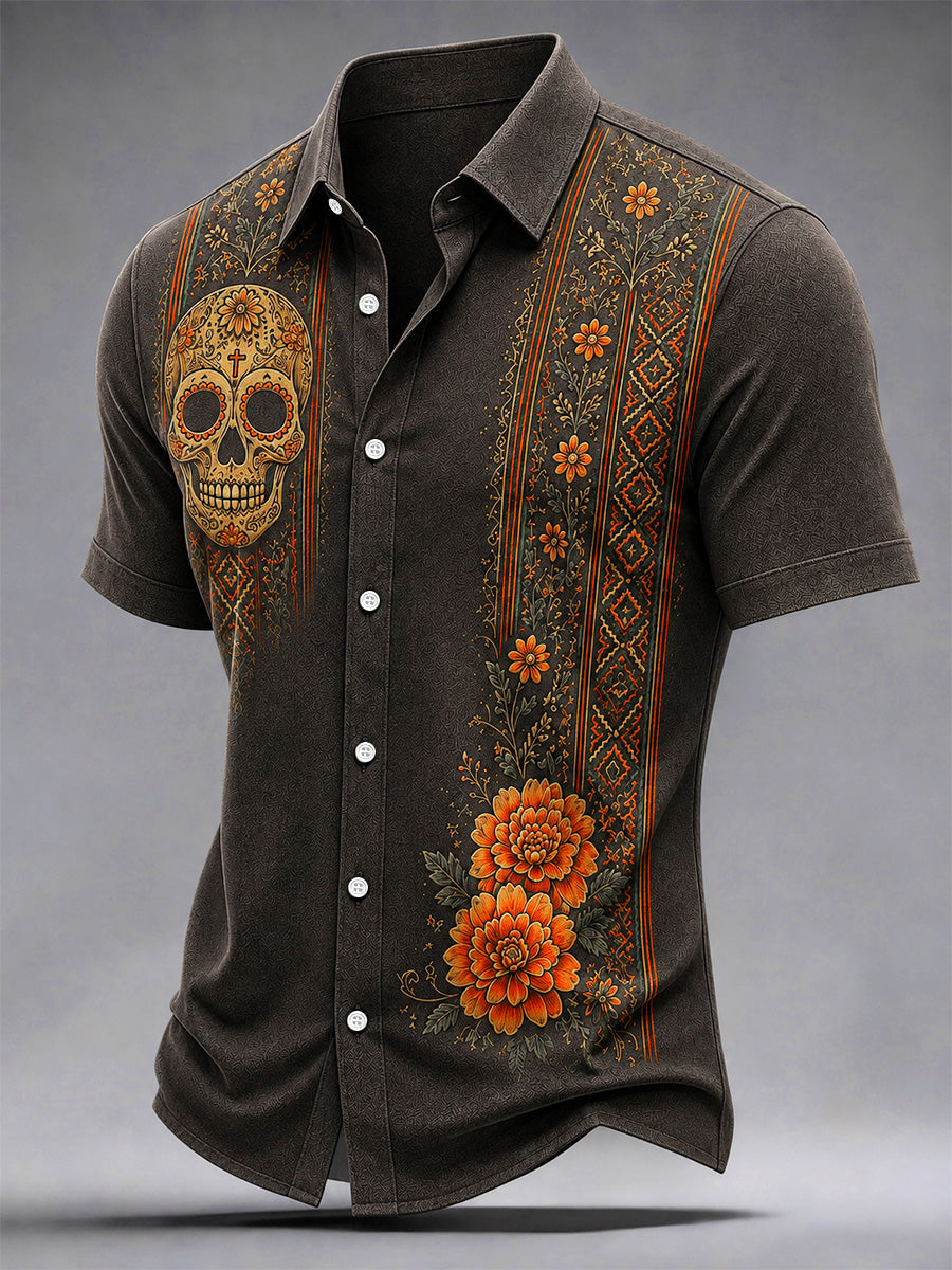 Men's Mexico Day of The Dead Art Print Casual Shirt