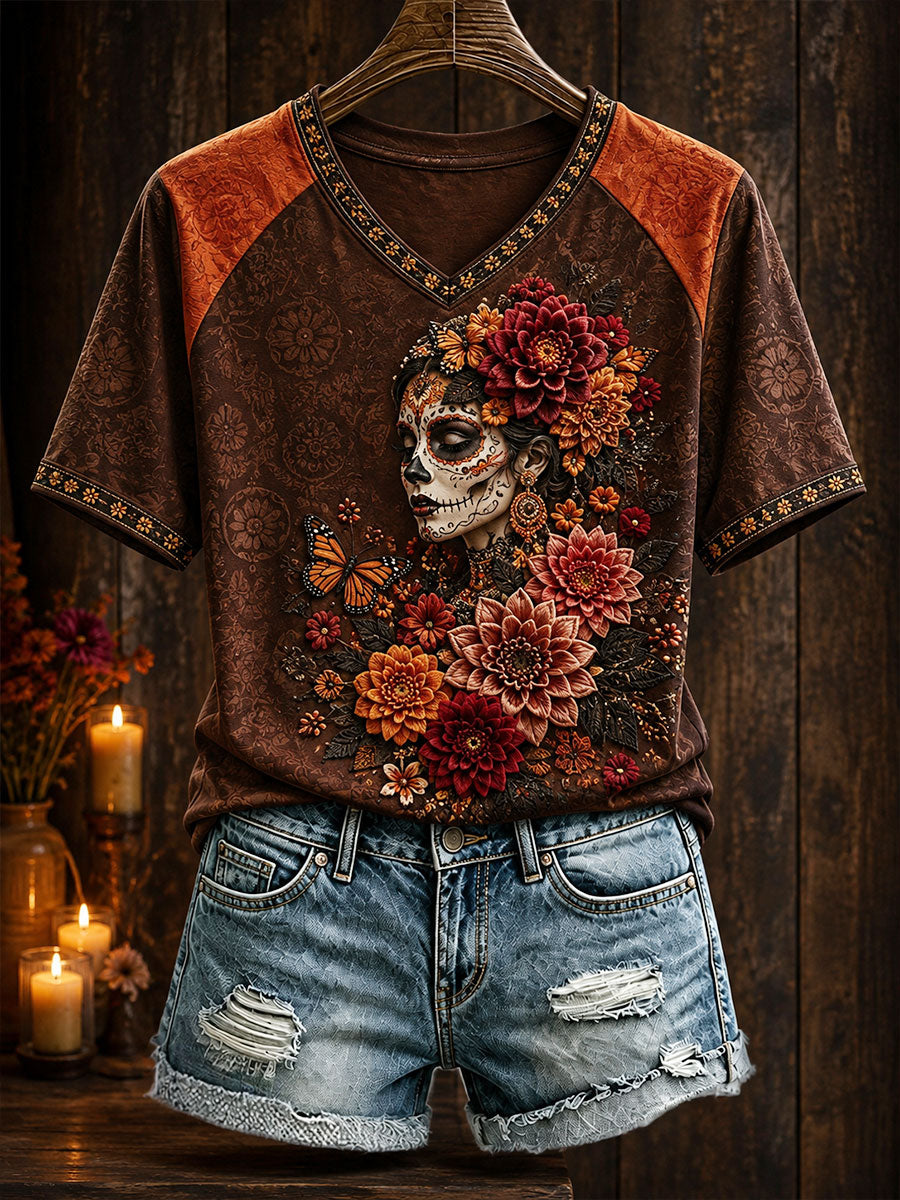 Women's Mexico Day of The Dead Floral Art Printed T-shirt