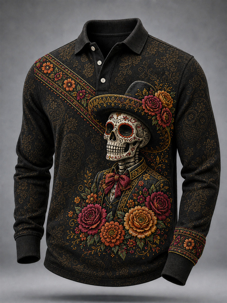 Men's Mexico Day of The Dead Art Print Casual Long Sleeve Polo