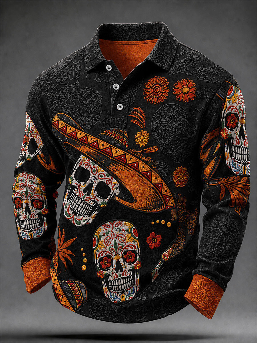 Men's Mexico Day of The Dead Art Print Casual Long Sleeve Polo