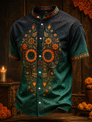 Men's Mexico Day of The Dead Floral Art Printed Linen Shirt