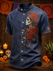 Men's Mexico Day of The Dead Floral Art Printed Linen Shirt