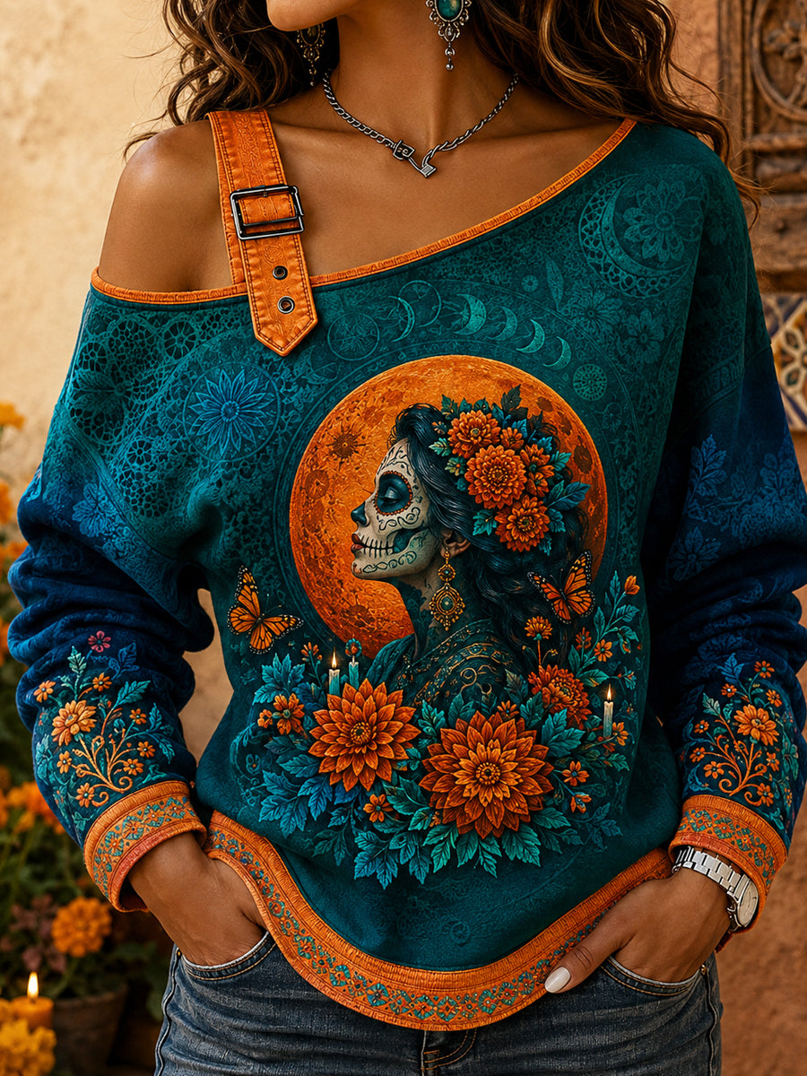 Women's Mexico Day of The Dead Floral Art Printed Off-Shoulder Sweatshirt
