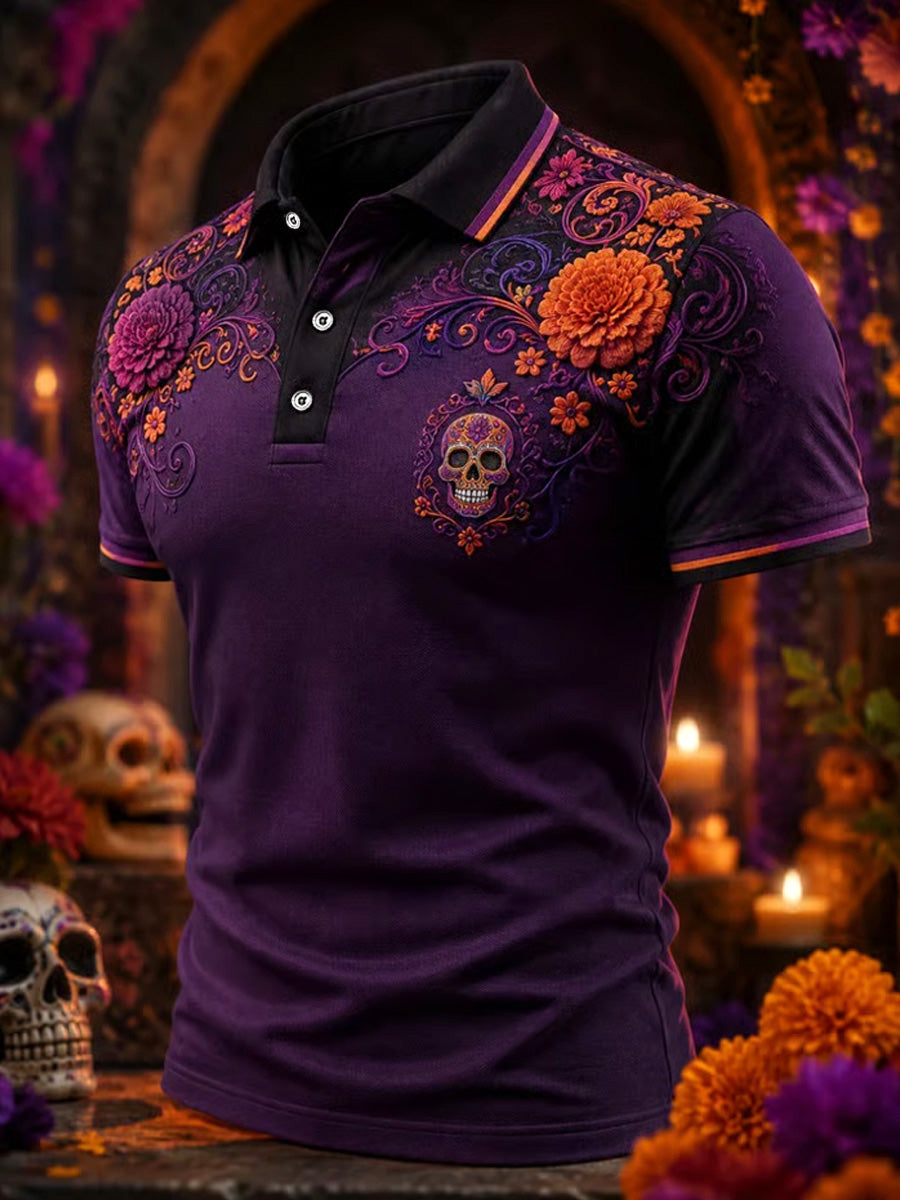 Men's Mexico Day of The Dead Art Print Casual Polo