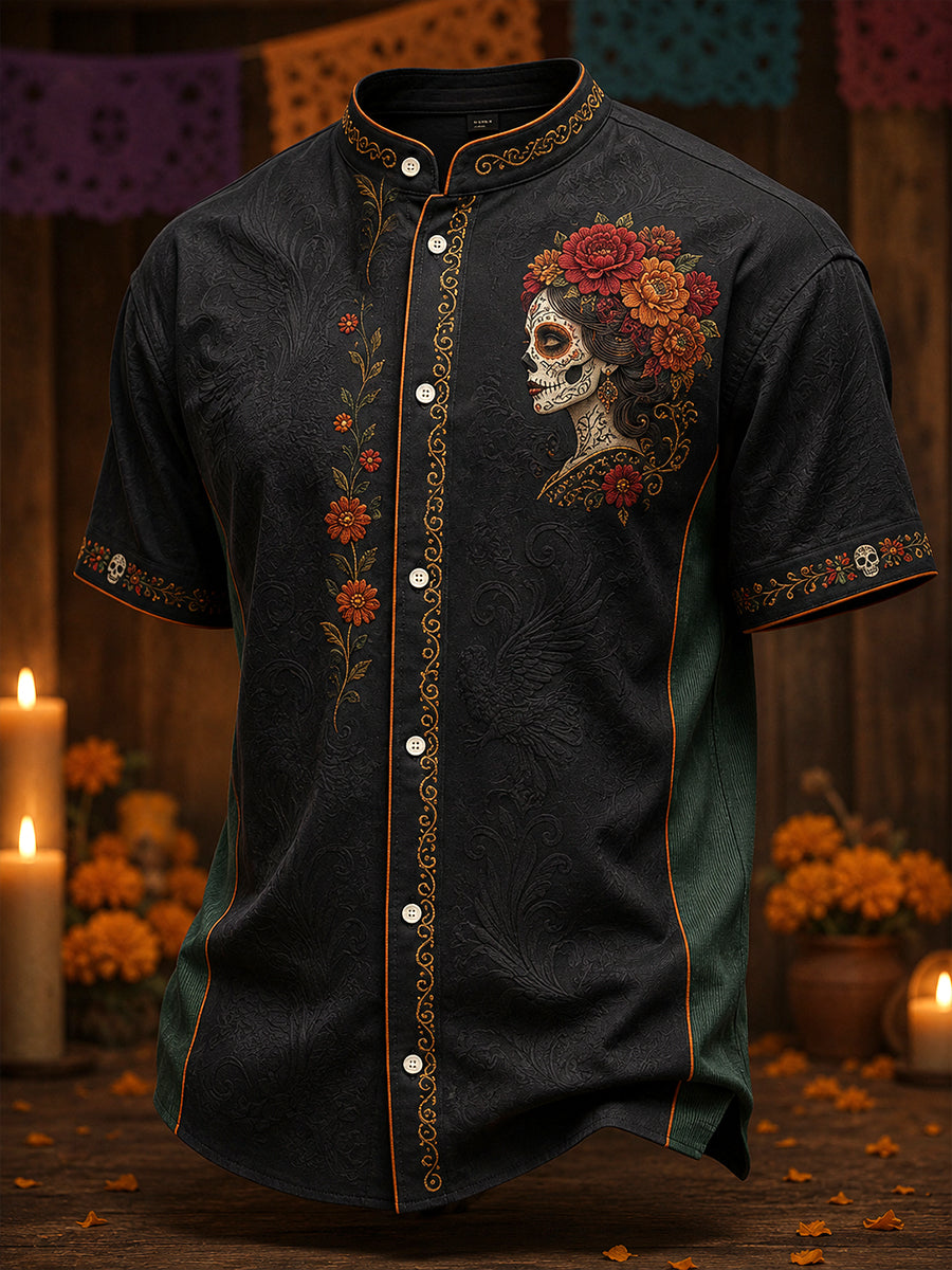 Men's Mexico Day of The Dead Floral Art Printed Linen Shirt
